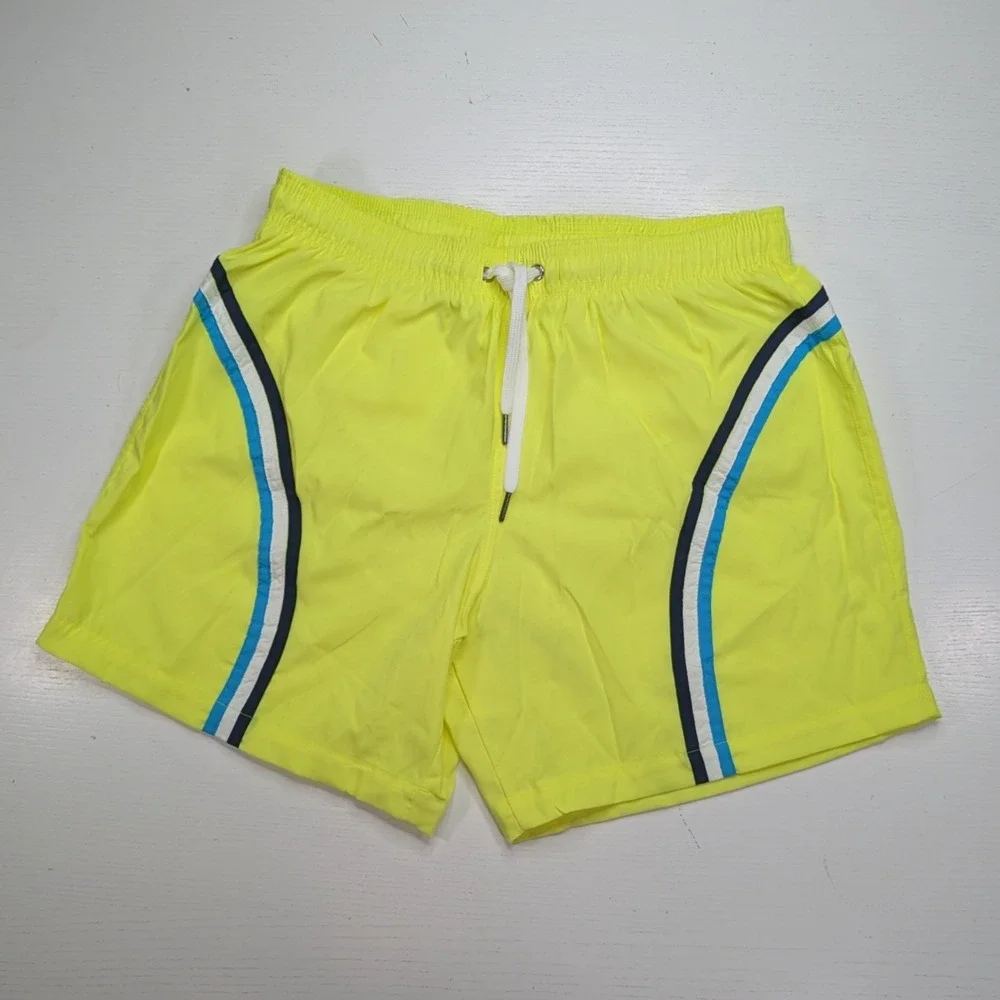 Vintage 80s Sun Britches Swim Trunks Mens M Neon Yellow Stripe NWOT